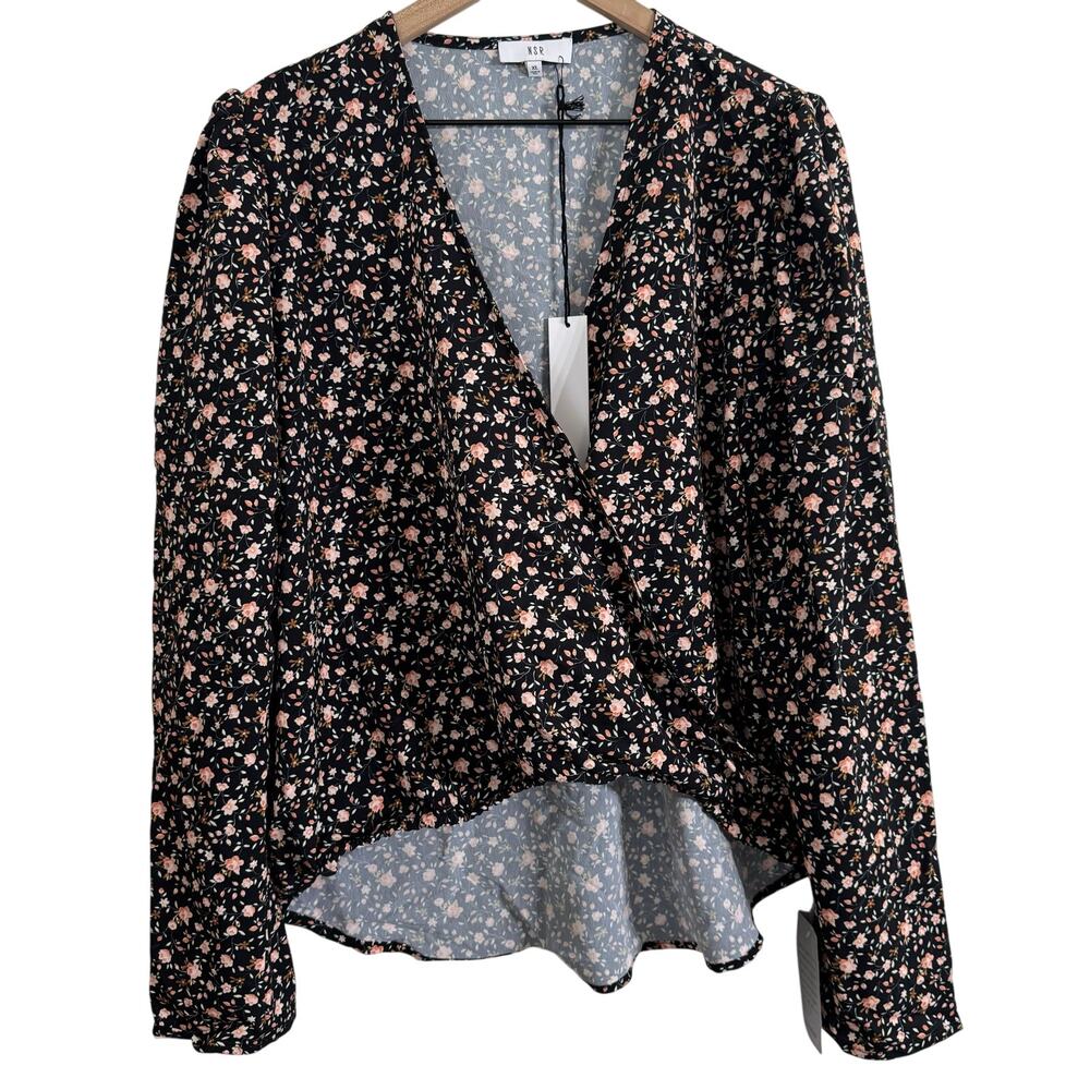 NSR Black Floral Crossover Wrap Front Top Size XL New